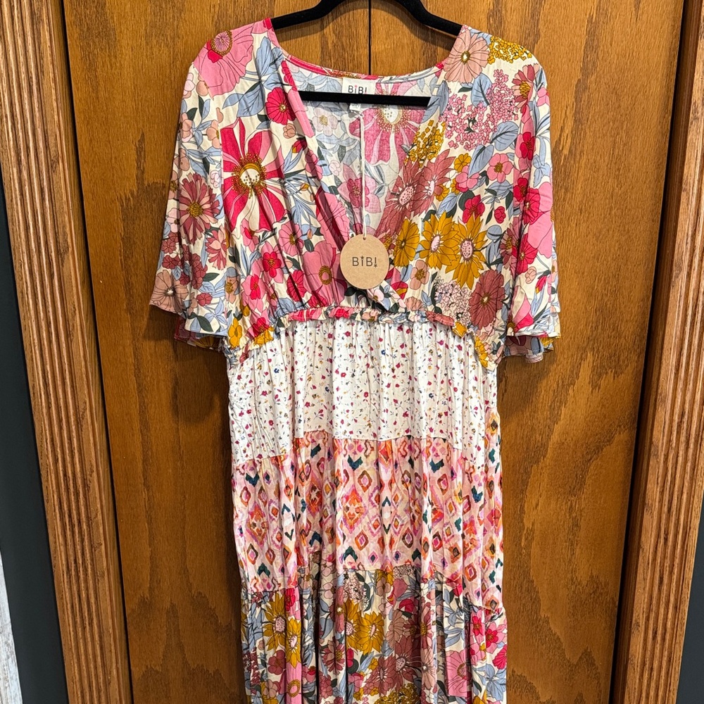 BiBi Pink & Mustard Floral Mixed-Print Dress